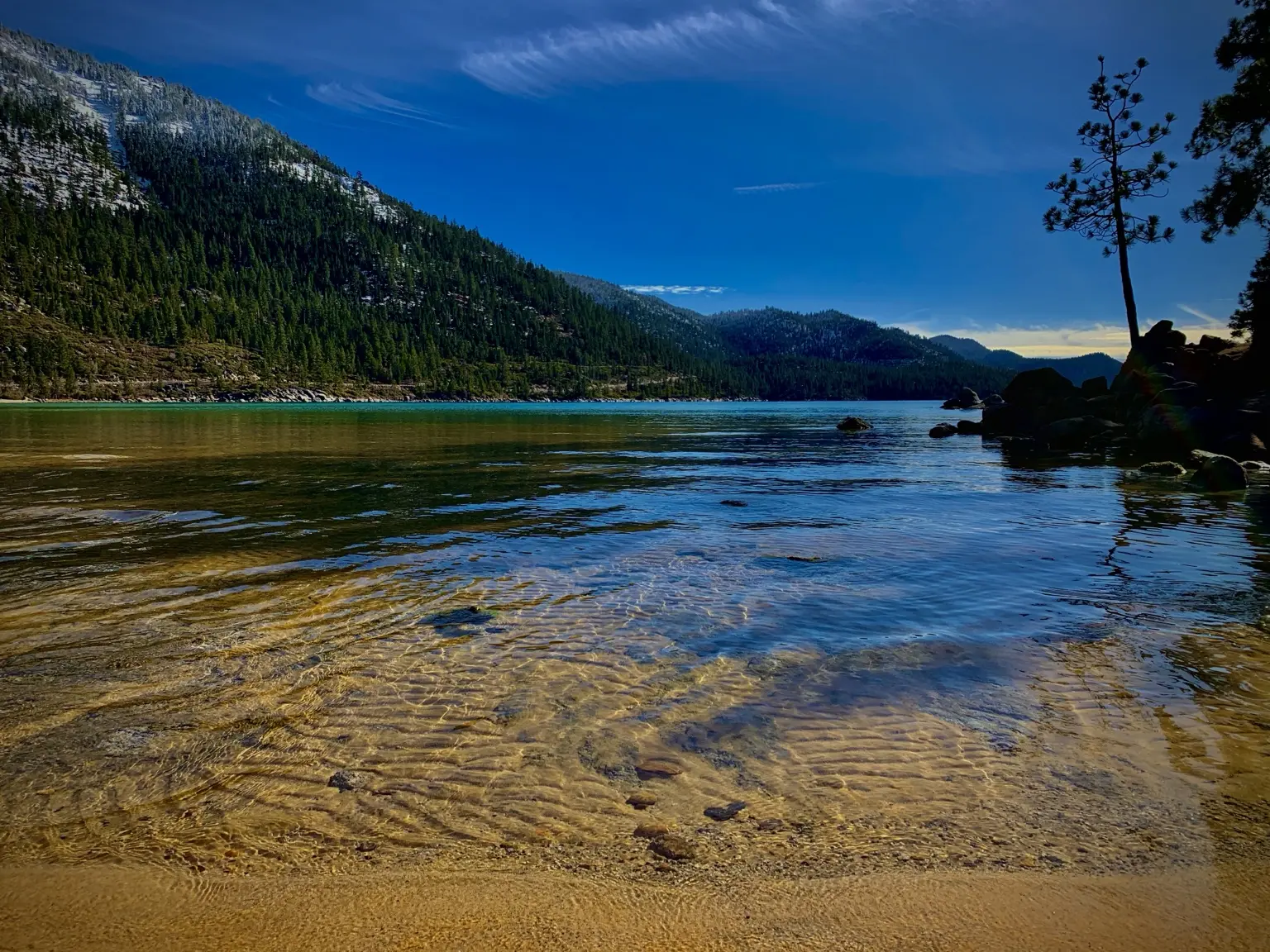 Clear mountain lake at blue hour