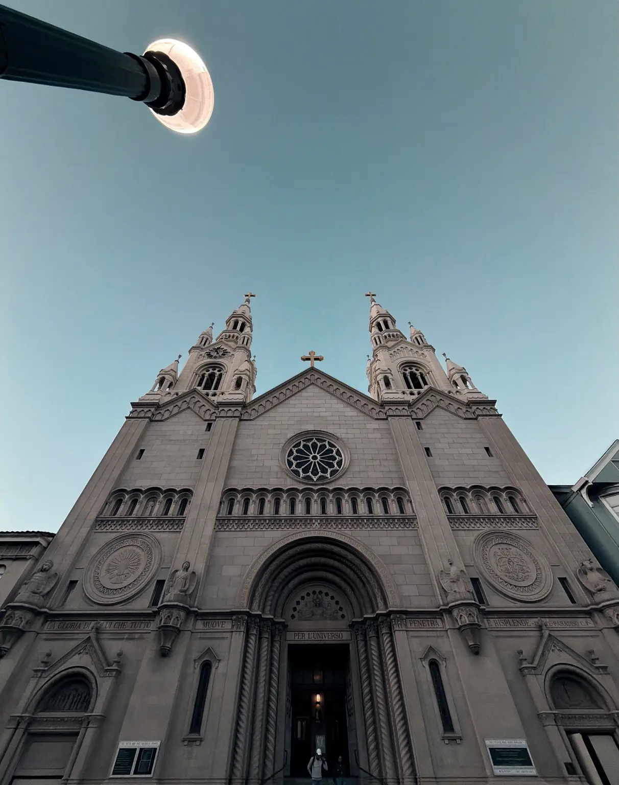 Historic church façade viewed from below
