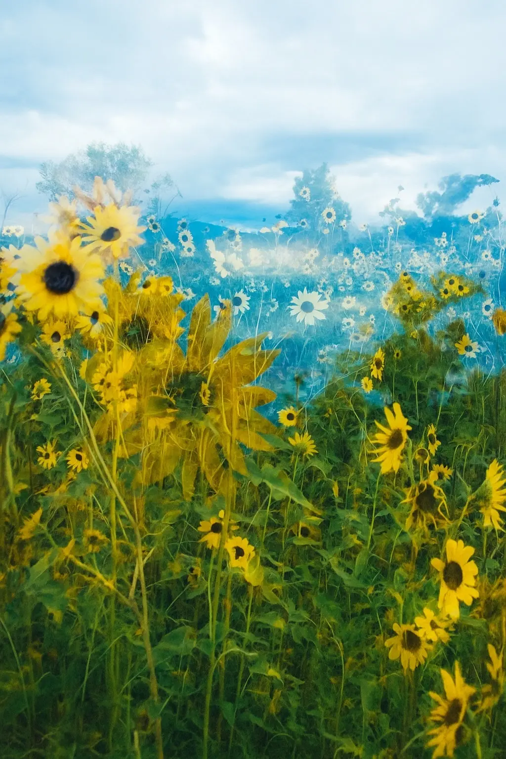 Sunflowers blooming beneath a blue mountain sky