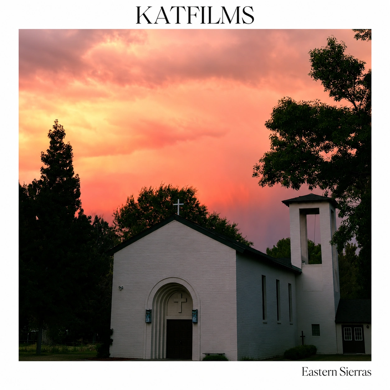 Eastern Sierra church beneath an orange sunset